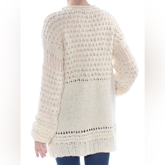 Free People chunky knit cream colored long sleeve sweater multiple patterns Sz M - Picture 3 of 14